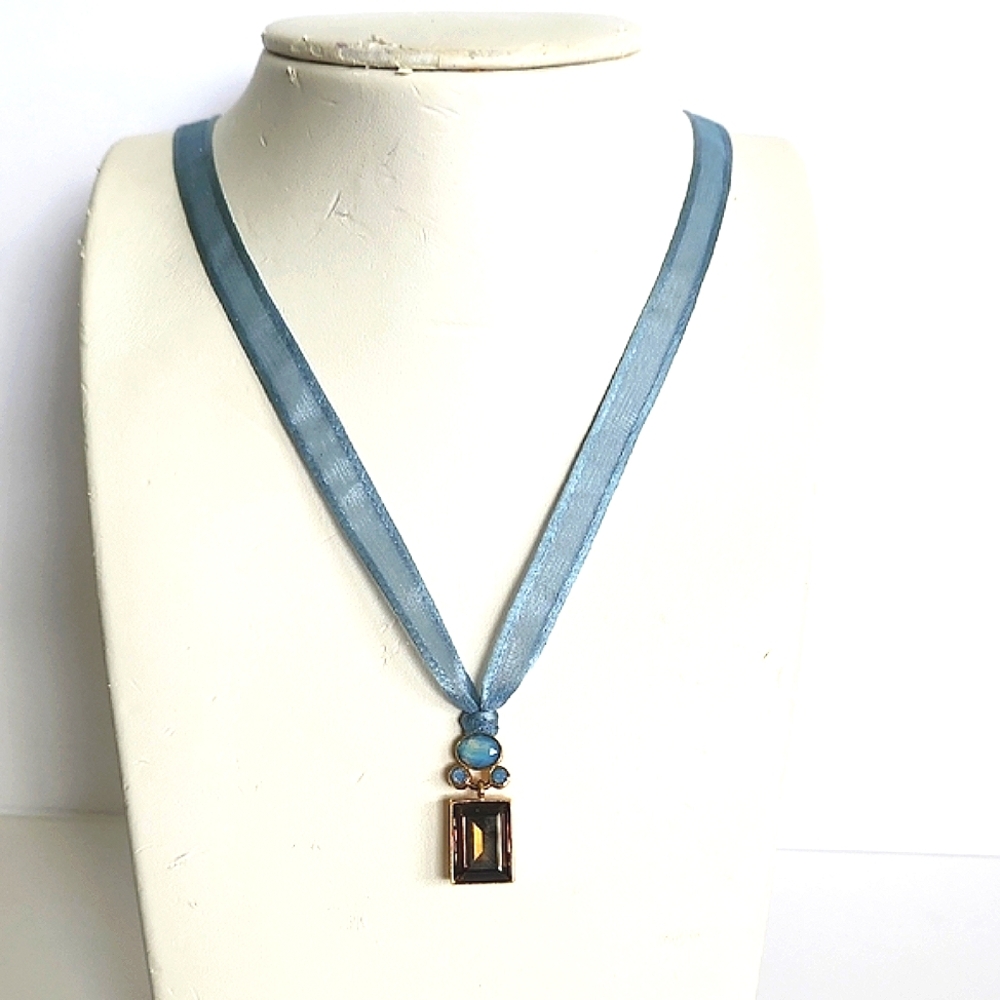 Givenchy Blue Ribbon Choker/Necklace with Blue And Gold Tone Pendant
